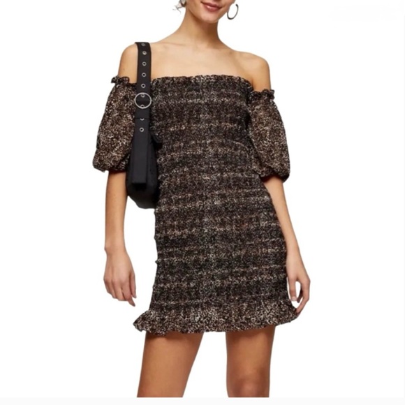 Topshop Off-Shoulder leopard print dress. Size 8 - Picture 1 of 15